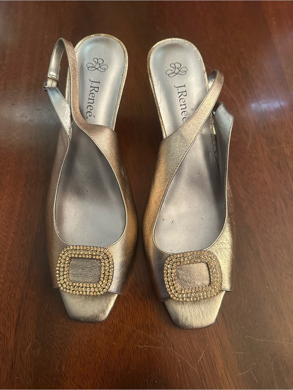 J.Renee Metallic Rose Gold Slingback Shoes with Crystal Buckle
